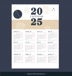 calendar 2025 template flat handdrawn leaves