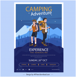 camping adventure advertising banner snowy mountain cartoon characters sketch