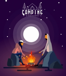 camping advertising banner human flame round moon icons