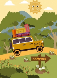 camping background car luggage icons stylized cartoon decor