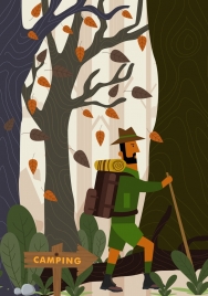 camping background male hiker forest icons colored cartoon