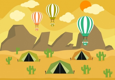 camping background tent balloon icons mountain desert backdrop
