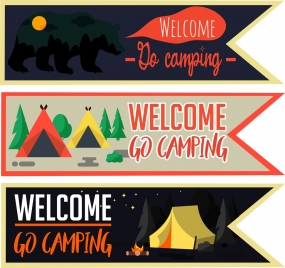 camping banner sets tents animal night icons decoration
