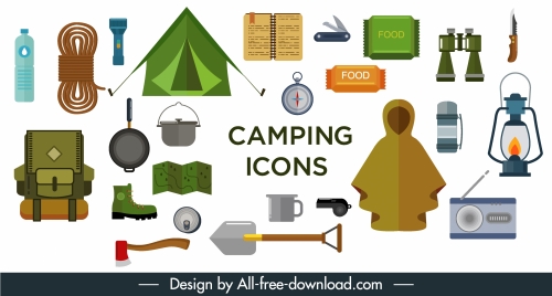 camping design elements utensil icons sketch flat design