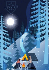 camping drawing snowy mountain moonlight campfire icons