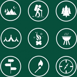 camping icons collection flat emblem isolation