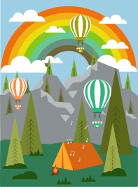 camping landscape background colorful rainbow balloon tent icons