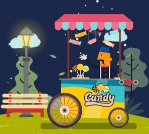 candy sale drawing man push cart icons