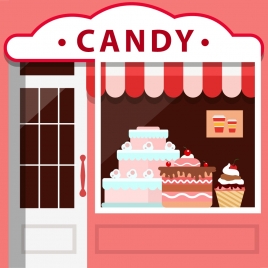 candy shop facade design with various cakes display