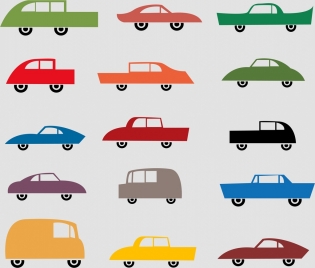 car icons collection various types flat colored design