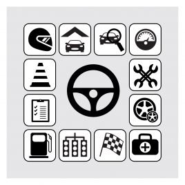 car racing icons isolated with black and white