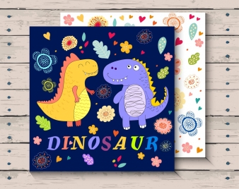 card template cute dinosaur icons colorful floral decor