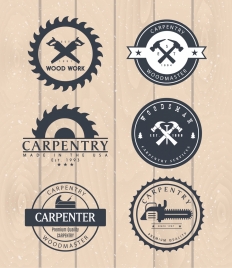 carpentry logotypes flat circles decoration tools icons