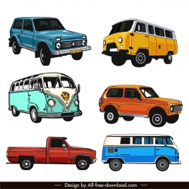 cars icons colored classic design