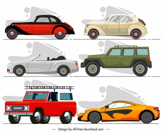 cars models icons colored modern classic sketch