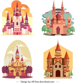 castle icons templates colored classical design
