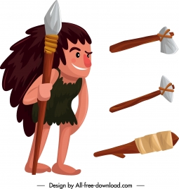 caveman icon stone weapon sketch cartoon character