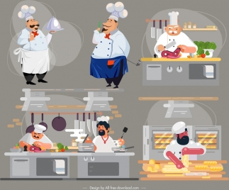 chef work icons cartoon characters colorful design