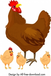 chicken family painting hen chicks icons colored cartoon