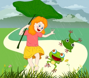 childhood background girl rain frogs icons colored cartoon