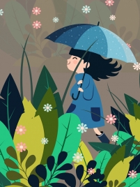 childhood background girl umbrella flowers leaves icons