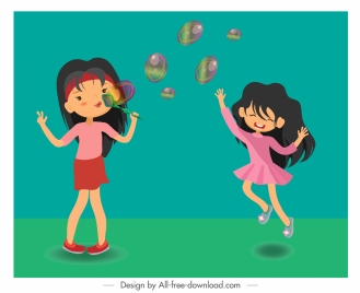 childhood background girls playing balloons sketch cartoon characters