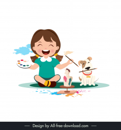 childhood design elements cute happy little girl drawing
