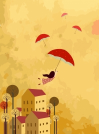 childhood dreaming background flying umbrella girl icons decor