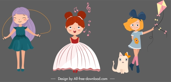 childhood girls icons cute cartoon characters sketch