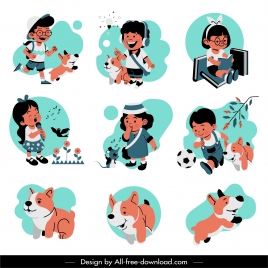 childhood icons cute kids puppies sketch cartoon design