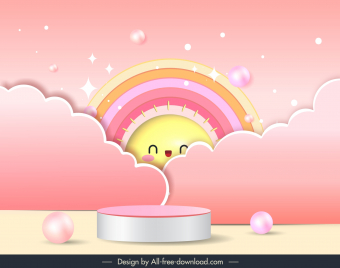 children backdrop template cute stylized sun 3d podium platform clouds