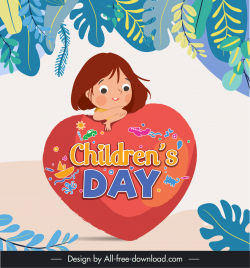 children day poster template cute little girl heart leaves sketch cartoon design