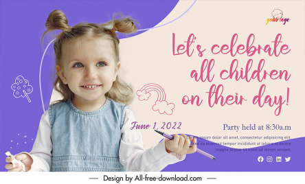 childrens day party banner template lovely little girl handdrawn texts decor