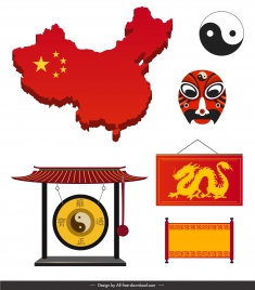 china design elements colored oriental symbols sketch