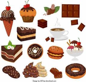 chocolate products design elements cakes cream coffee icons