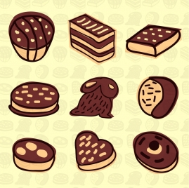 chocolate products icons various brown hand drawn types
