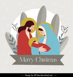 christian merry christmas card template flat classical cartoon newborn baby saints sketch