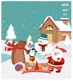 christmas background design with cute animals and santa