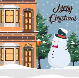 christmas banner snowman falling snow house icons decor