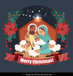 christmas banner template nativity scene baby jesus joseph mary sheep sketch cartoon design