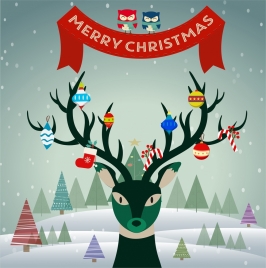 christmas banner with reindeer hanging symbols on horns