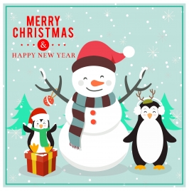 christmas card design with funny penguins and snowman
