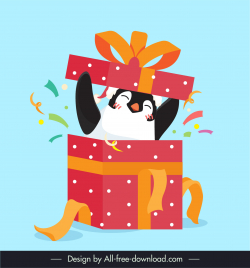 christmas design elements penguin giving a surprise open gift sketch cute dynamic cartoon
