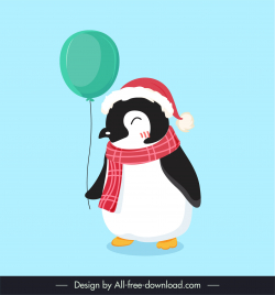 christmas design elements penguin playing with balloon sketch cute cartoon design