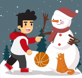 christmas drawing boy snowman cat icons colored design