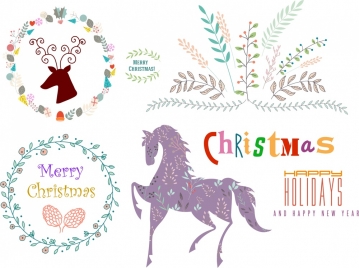 christmas logo sets various symbols in multicolors