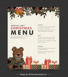 christmas menu design template cute teddy bear bell leaves present