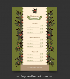 christmas menu template elegant flowers ribbon layout
