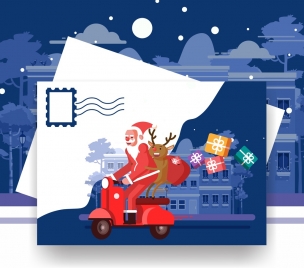 christmas postcard template santa reindeer motorbike icons