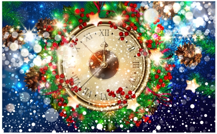 christmas template design with clock and bokeh background